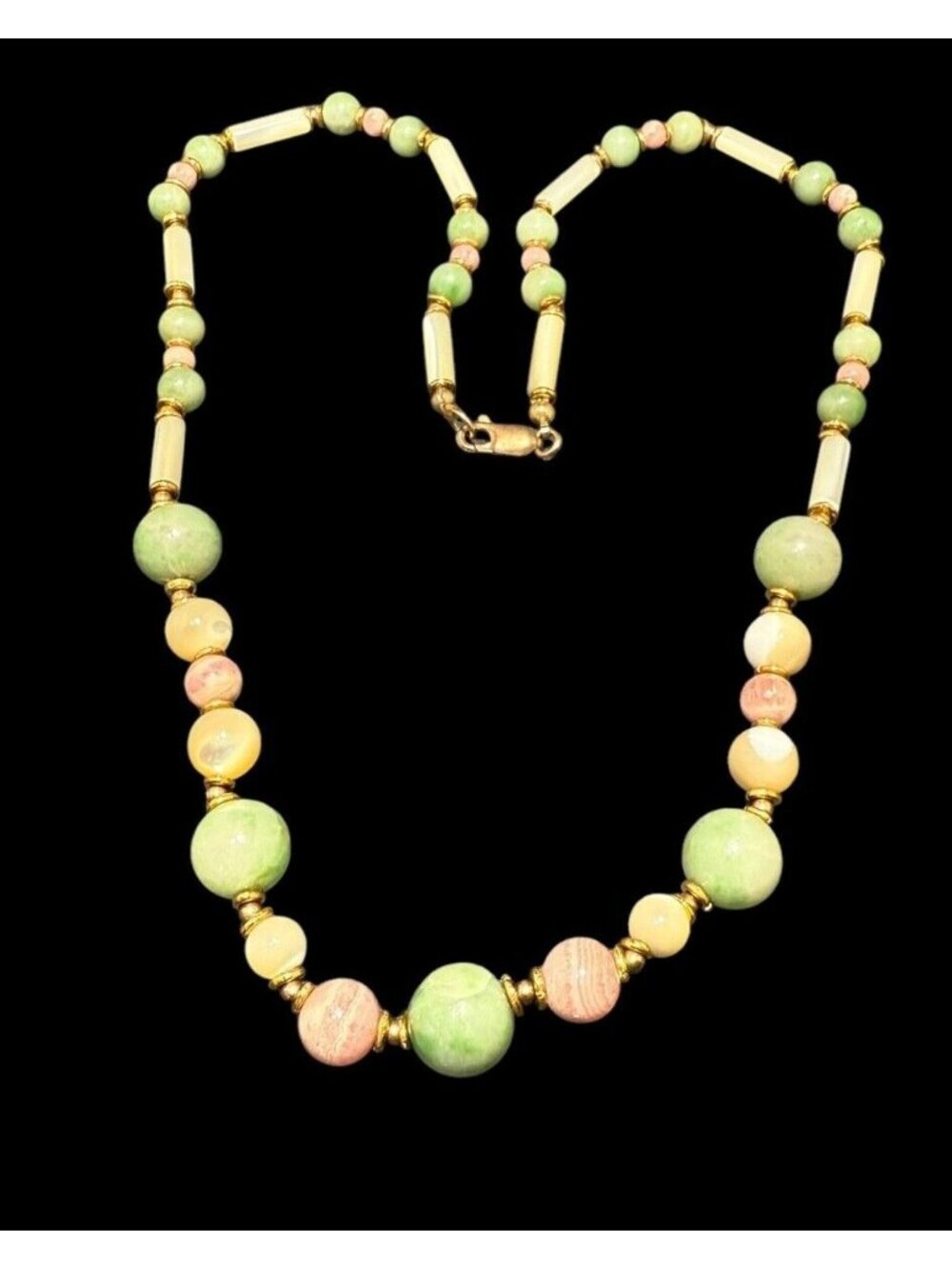Vintage 14k Yellow Gold Filled Marbled Agate Necklace Multicolor Beaded